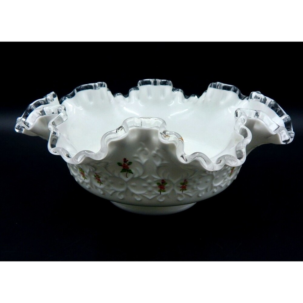 Fenton Silver Crest Spanish Lace Bowl Violets In The Snow 10 Inch Console